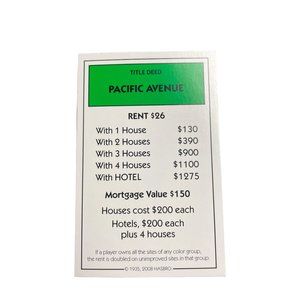 Monopoly Here Now Pacific Ave Property Title Deed Card Replacement 2008 u